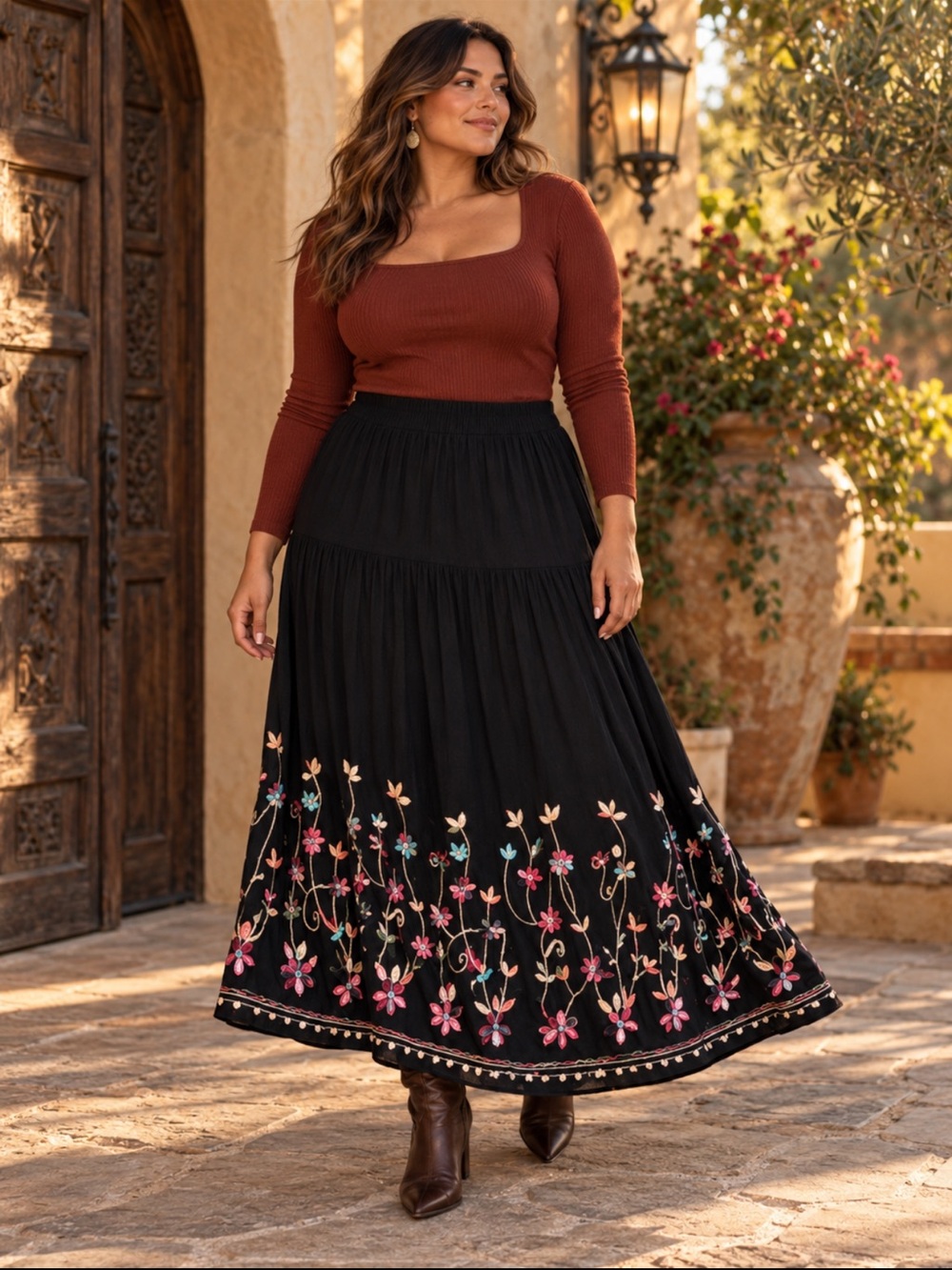 Phool 1X Black Embroidered Floral Rayon Boho Maxi Skirt